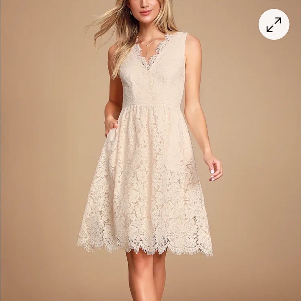 NEW Lulu’s XL White Lace Midi Skater Dress Bridal Shower Bride V Neck Graduation